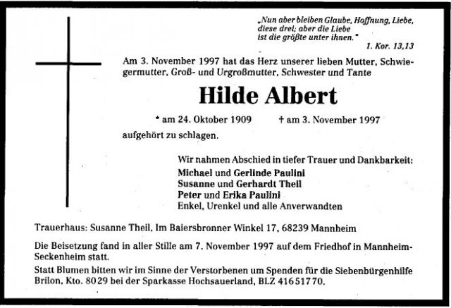 Albert Hilde 1909-1997 Todesanzeige